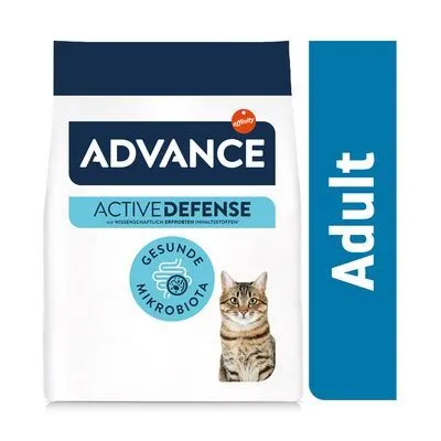 ADVANCE Active Defense Adult kattenvoer, tekst: gesunde Mikrobiota, afbeelding van een kat op de verpakking. Voor volwassen katten volgens zichtbare tekst. ADVANCE Active Defense Adult kattenvoer, tekst: gesunde Mikrobiota, afbeelding van een kat op de verpakking. Voor volwassen katten volgens zichtbare tekst.