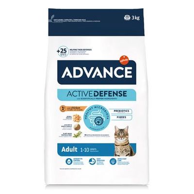 ADVANCE Active Defense kattenvoer, 3 kg, Adult 1–10 years, met kip, prebiotica, vezels, afbeelding kat op verpakking. Zichtbare tekst: +25 years, healthy microbiota.