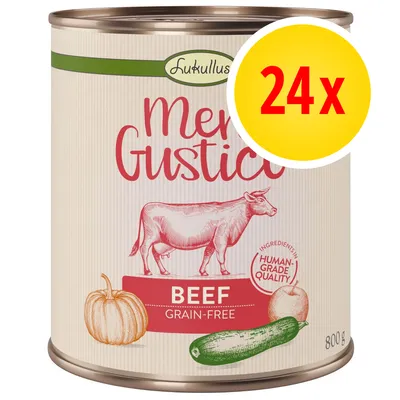 Lukullus Menu Gustico Beef Grain-Free, 24x800 g. Testo visibile: 'INGREDIENTS IN HUMAN-GRADE QUALITY'. Immagini di zucca, zucchina, mela e mucca sull'etichetta.