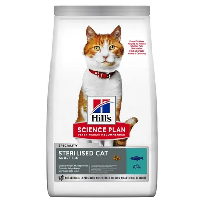 Hill's Science Plan Sterilised Cat Adult 1–6 con tonno, confezione con immagine di gatto e testo in inglese su gestione del peso e ingredienti senza conservanti o aromi artificiali. Hill's Science Plan Sterilised Cat Adult 1–6 con tonno, confezione con immagine di gatto e testo in inglese su gestione del peso e ingredienti senza conservanti o aromi artificiali.