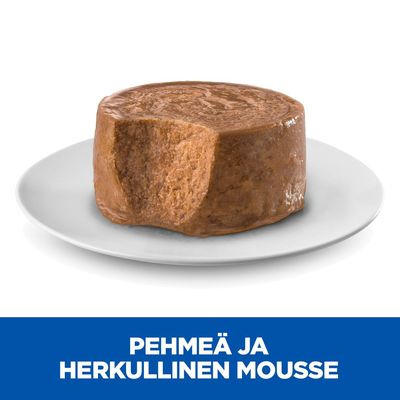 Lautasella oleva ruskea mousse, josta on leikattu pala. Teksti: Pehmeä ja herkullinen mousse.