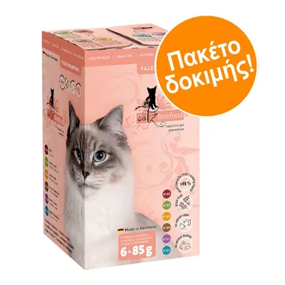 catz finefood δοκιμαστικό πακέτο για γάτες, 6 x 85g, Made in Germany. Εμφανίζεται γάτα και εικονίδια με ποσοστό 98% φιλέτο, χωρίς δημητριακά, χωρίς ζάχαρη, animal testing free.