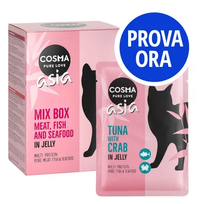Cosma Pure Love Asia Mix Box Meat, Fish and Seafood in Jelly e bustina Tuna with Crab in Jelly. Testo cerchio blu: PROVA ORA.