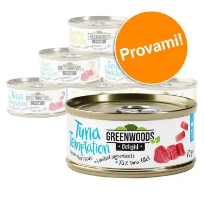 Scatolette Greenwoods Delight, visibile variante Tuna Temptation 75% tuna fillet. Testo sull’immagine: Provami!