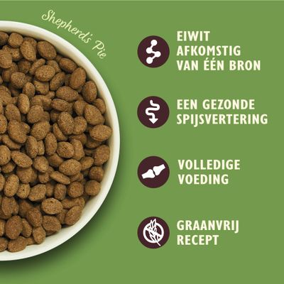 Shepherd's Pie brokjes in kom, met tekst: eiwit afkomstig van één bron, een gezonde spijsvertering, volledige voeding, graanvrij recept.