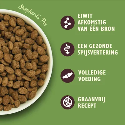 Shepherd's Pie brokjes in kom, met tekst: eiwit afkomstig van één bron, een gezonde spijsvertering, volledige voeding, graanvrij recept.