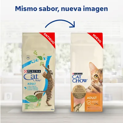 Comparación de envases antiguo y nuevo de Purina Cat Chow Adult con salmón. Texto: 'Mismo sabor, nueva imagen', etiquetas 'ANTIGUO' y 'NUEVO', 50% animal proteins, prebiotic.