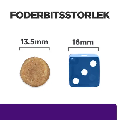 Foderbitsstorlek: rund foderbit 13,5 mm bred jämförs med blå tärning 16 mm bred. Text: FODERBITSSTORLEK, 13.5 mm, 16 mm.