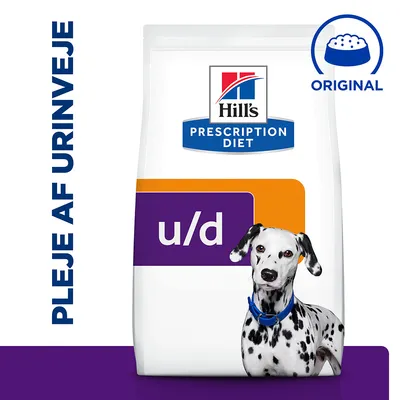 Hill's Prescription Diet u/d hundefoder, tekst: PLEJE AF URINVEJE og ORIGINAL, billede af dalmatiner på posen