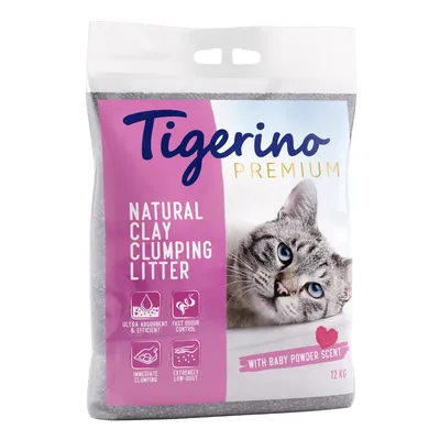 Tigerino Premium Natural Clay Clumping Litter, cu imagine de pisică, text vizibil: ultra absorbent & efficient, fast odour control, immediate clumping, extremely low-dust, 12 kg, with baby powder scent.