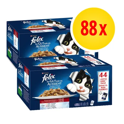 Felix So gut wie es aussieht, confezione da 88 buste maxi formato assortite in gelatina per gatti. Testo visibile: 44 Beutel Jumbo Pack, 88x su cerchio giallo.