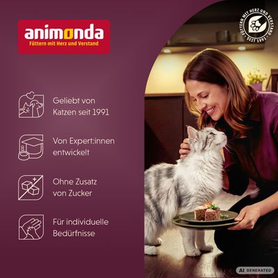 animonda. Geliebt von Katzen seit 1991, von Expert:innen entwickelt, ohne Zusatz von Zucker, für individuelle Bedürfnisse. Frau mit Katze und Futterschale.