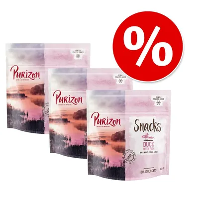 Lot de 3 sachets Purizon Snacks Duck with Fish pour chats adultes, 40 g chacun, texte visible : gently freeze-dried, 100% meat, fish & liver. Signe pourcentage rouge indiquant une offre.
