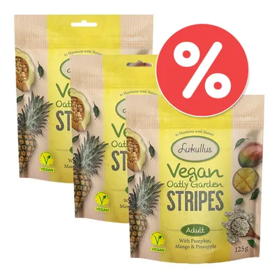 Lukullus Vegan Oatly Garden Stripes Adult, 125g, mit Kürbis, Mango und Ananas. Vegan-Siegel sichtbar. Prozentzeichen für Rabattaktion.