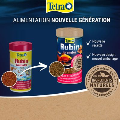 Tetra Rubin Granules ancien et nouveau design, nouvelle recette, nouvel emballage, avec des ingrédients naturels, sans conservateurs ni colorants.