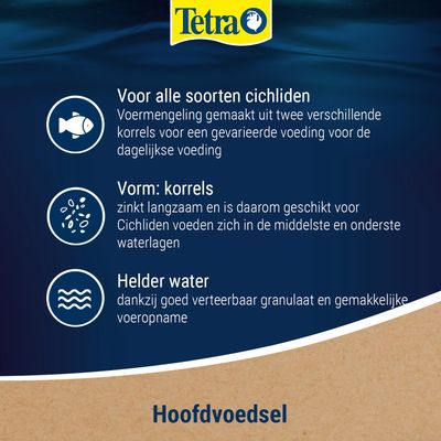 Tetra. Voor alle soorten cichliden, mix van twee soorten korrels voor een gevarieerde voeding. Vorm: langzaam zinkende korrels, geschikt voor de middelste en onderste waterlagen. Helderder water.