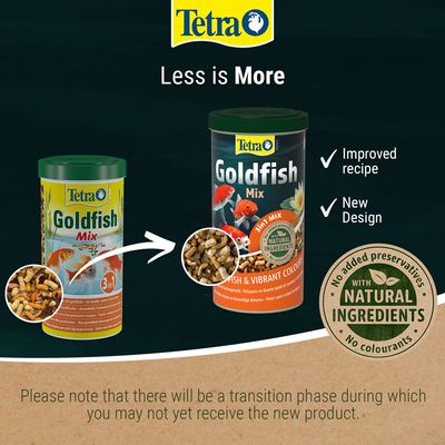 Tetra Goldfish Mix old and new packaging, 3 in 1 mix. Text: Less is More, Improved recipe, New Design, No added preservatives, with natural ingredients, no colourants.