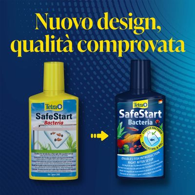 Tetra SafeStart Batteri flaconi nel vecchio e nuovo design, indicazione della qualità comprovata e della formula batterica migliorata.