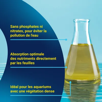 Sans phosphates ni nitrates pour éviter la pollution de l'eau, absorption optimale des nutriments par les feuilles, idéal pour les aquariums densément plantés.