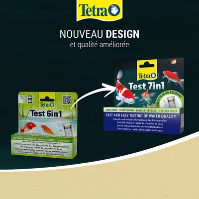 Tetra Test 6en1 et Test 7en1 emballages, indication d’un nouveau design et d’une qualité améliorée, contrôle rapide de la qualité de l’eau en plusieurs langues.