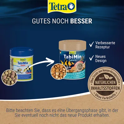 Tetra TabiMin Tablets mit verbessertem Rezept, neuem Design und natürlichen Inhaltsstoffen ohne Konservierungsstoffe oder Farbstoffe. Hinweis: Übergangsphase für neues Produktdesign.