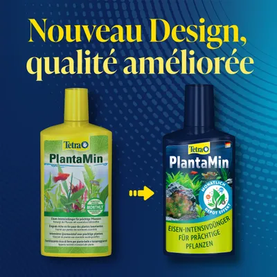 Tetra PlantaMin Engrais intensif au fer pour des plantes luxuriantes, nouveau design avec effet dépôt mensuel. Comparaison de l'ancien et du nouveau packaging. Tetra PlantaMin Engrais intensif au fer pour des plantes luxuriantes, nouveau design avec effet dépôt mensuel. Comparaison de l'ancien et du nouveau packaging.