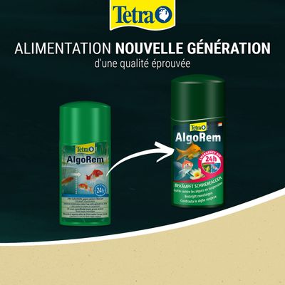 Tetra AlgoRem Comparaison des produits : ancien et nouvel emballage, indication de la nouvelle génération avec effet en 24 h contre les algues en suspension.