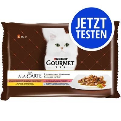 Purina Gourmet A la Carte Katzenfutter, Raffinessen des Küchenchefs, mit Geflügel und Gemüse. Packung enthält 4x85g. Jetzt testen. Purina Gourmet A la Carte Katzenfutter, Raffinessen des Küchenchefs, mit Geflügel und Gemüse. Packung enthält 4x85g. Jetzt testen.