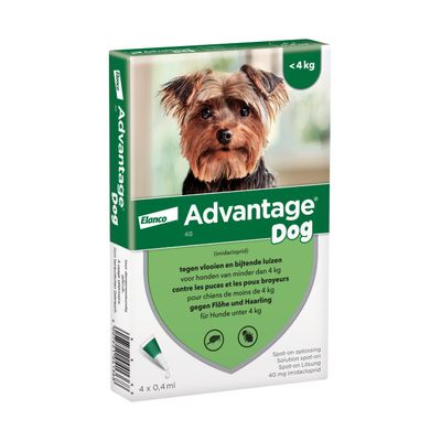 Elanco Advantage 40 mg. Ter preventie en behandeling van vlooien- en haarluizen bij honden tot 4 kg lichaamsgewicht. Oplossing voor op de huid, 4 x 0,4 ml.