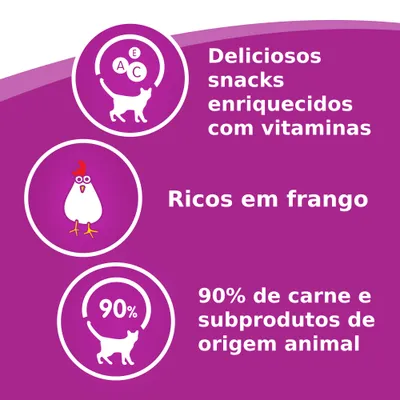 Deliciosos snacks enriquecidos com vitaminas, ricos em frango, 90% de carne e subprodutos de origem animal.
