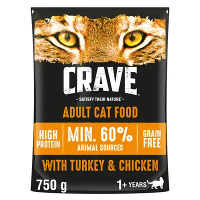 CRAVE Adult Cat Food, min. 60% animal sources, high protein, grain free, with turkey & chicken, 750 g, 1+ years. Látható szöveg angolul.