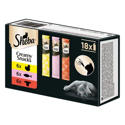 Sheba Creamy Snacks, 18x1. Cutie cu trei sortimente: 6x pui, 6x pește, 6x vită. Imagine cu pisică și simbol de hrănire direct din tub.