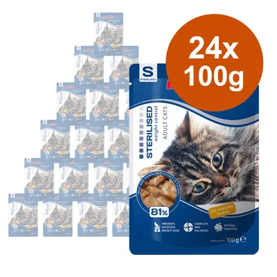 Sterilised Weight Control Adult Cats, 24 x 100g. 81 % podiel mäsa, zabraňuje nadmernému priberaniu, kompletná a vyvážená strava, optimálne trávenie.