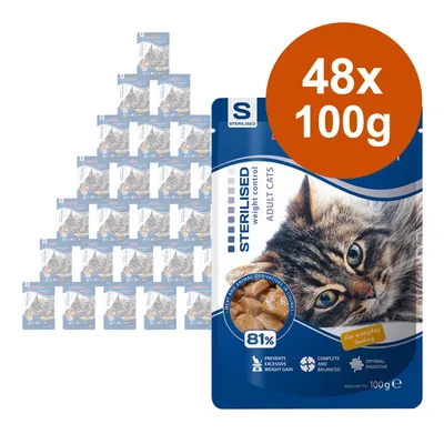 Lot de 48 sachets de 100 g de nourriture pour chats stérilisés, marque STERILISED, mention 'weight control', image d’un chat et texte visible : 81 %, ADULT CATS, 100 g.