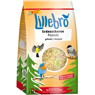 Lillebro Erdnusskerne Peanuts gehackt, sachet de 1 kg avec fenêtre montrant des cacahuètes hachées, texte Ambrosia controlled, illustration d’oiseaux et mention 4 Seasons.