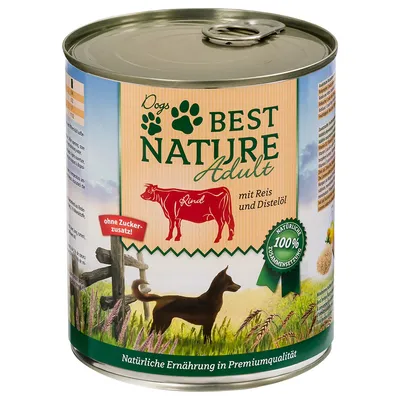 Boîte Dogs Best Nature Adult Rind, mit Reis und Distelöl, sans sucre ajouté, 100 % Zusammensetzung naturelle, illustration de chien et vache. Texte en allemand.