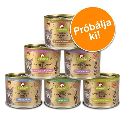 GranataPet Symphonie macskaeledel konzervválogatás: Rind & Geflügel, Garnelen & Truthahn, Wild & Huhn, Lachs & Pute, Huhn pur, Kalb & Geflügel. Próbálja ki!