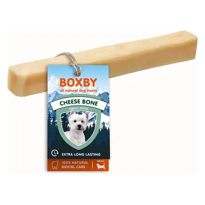 Os à mâcher BOXBY Cheese Bone pour petits chiens, 100 % natural dental care, extra long lasting, étiquette avec image de chien blanc et montagnes en arrière-plan.