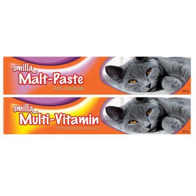 smilla Malt-Paste Anti-Hairball 200 g och smilla Multi-Vitamin Mit 12 Vitaminen und Taurin 200 g, båda med bild på grå katt på förpackningen.