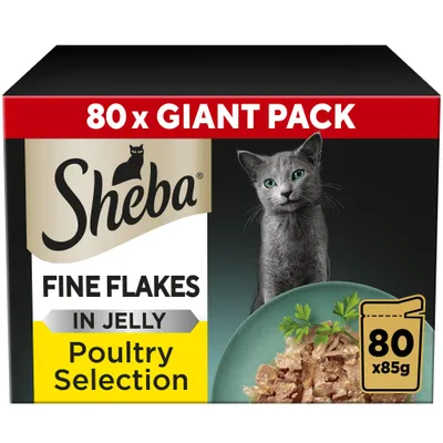 Sheba Pouches Fine Flakes in Jelly - Poultry Selection in Jelly (80 x 85g) Sheba Pouches Fine Flakes in Jelly - Poultry Selection in Jelly (80 x 85g)