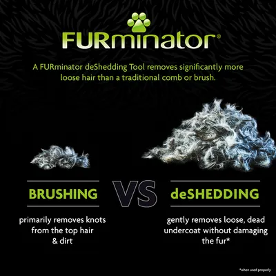 FURminator – porovnanie: Brushing odstraňuje uzly a špinu z povrchu, deShedding jemne odstraňuje uvoľnenú podsadu bez poškodenia srsti. Text v angličtine.