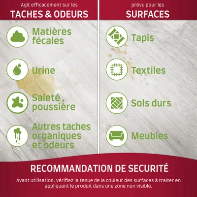 Agit sur matières fécales, urine, saleté, poussière, autres taches organiques et odeurs. Prévu pour tapis, textiles, sols durs, meubles. Recommandation de sécurité : tester sur zone non visible.