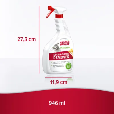 Nature's Miracle Stain & Odour Remover, flacone spray 946 ml, dimensioni: altezza 27,3 cm, larghezza 11,9 cm. Testo visibile: bio-enzymatic formula, safe to use around pets & home.