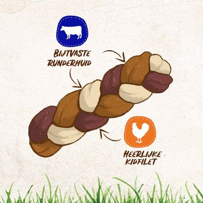 8in1 Delights Chewy Braid, rijk aan kip, gemaakt van stevige runderhuid. Langdurig kauwplezier voor honden boven 10 kg (maat M/L).