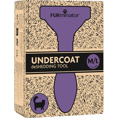 FURminator Undercoat deShedding Tool M/L für Katzen über 4,5 kg. Verpackung mit lila Werkzeug-Symbol und Fellmuster.
