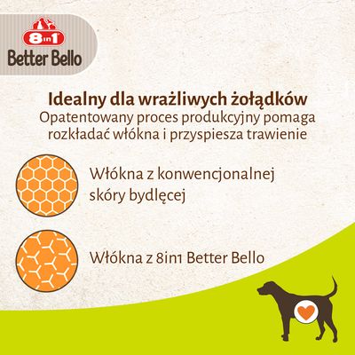 8in1 Better Bello. Idealny dla wrażliwych żołądków. Opatentowany proces pomaga rozkładać włókna i przyspiesza trawienie. Włókna z konwencjonalnej skóry bydlęcej, włókna z 8in1 Better Bello.