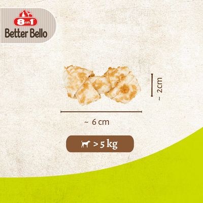 8in1 Better Bello Chicken Bones, letfordøjelige, uden kunstige farvestoffer, aromaer eller konserveringsmidler. XS-størrelse til hunde under 5 kg. Emballagen viser produkt og detaljer.