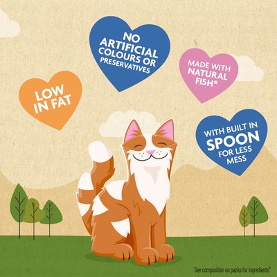 Key product features: no artificial colours or preservatives, made with natural fish, low in fat, built-in spoon for less mess.