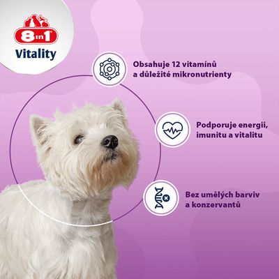 8in1 Vitality multivitamínové tablety pre malé dospelé psy, 70 kusov. Vyrobené v Nemecku, vyvinuté veterinármi, denný A-Z doplnok stravy.