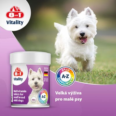 8in1 Vitality multivitamínové tablety pre malé dospelé psy, 70 kusov. Vyrobené v Nemecku, vyvinuté veterinármi, denný A-Z doplnok stravy.